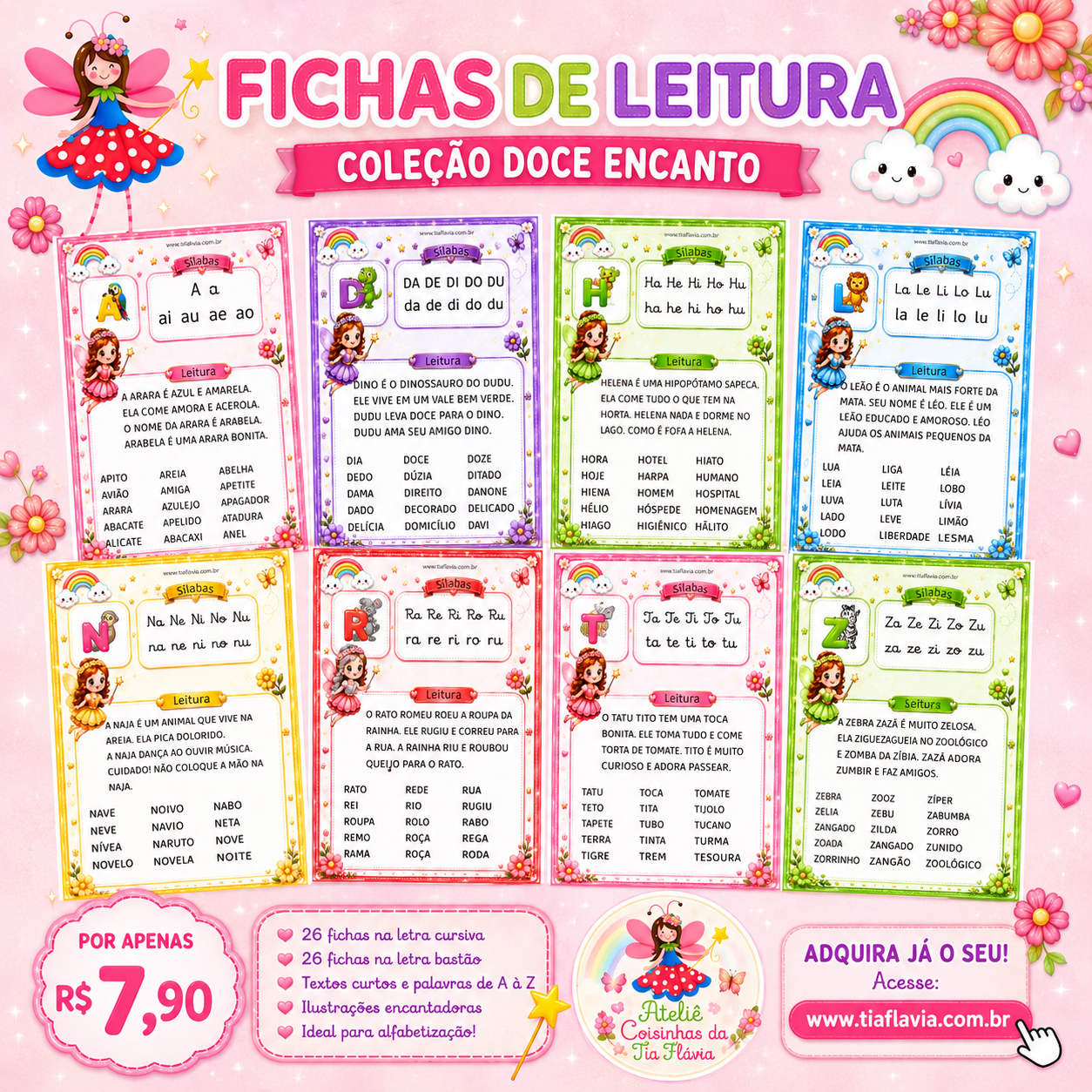 Fichas de leitura Sílabas simples - cursiva e bastão