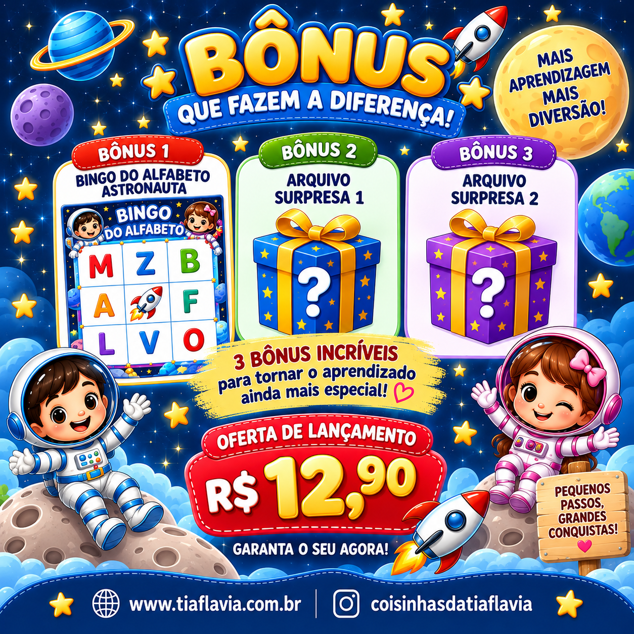 Fichas de leitura sílabas simples + Bingo do alfabeto - Coleção Astronauta - Imagem 3